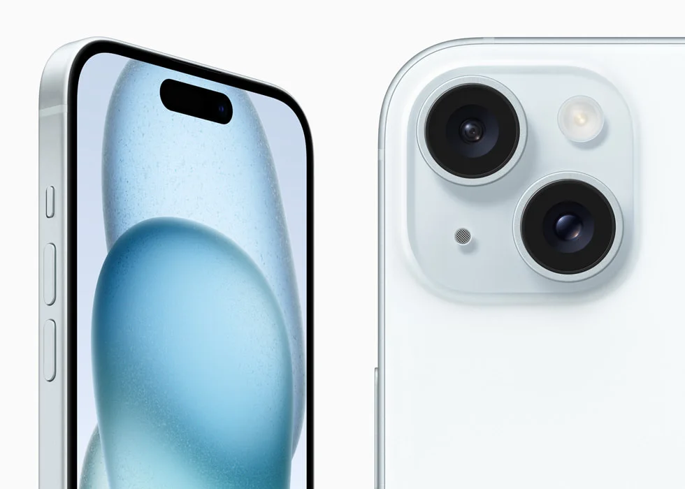 Apple iPhone 15 front and back detail in blue